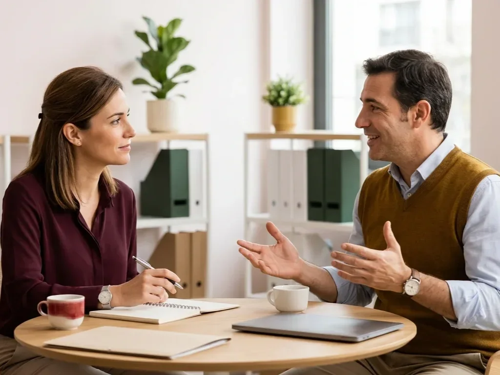 Responsable de recursos humanos escuchando a un empleado durante una conversación individual en una oficina luminosa, con café y cuaderno sobre la mesa.